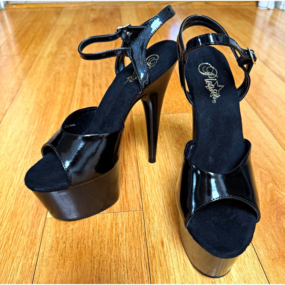 Pleaser Black Patent Leather Platform Ankle Strap Open Toe Stiletto Heels 10